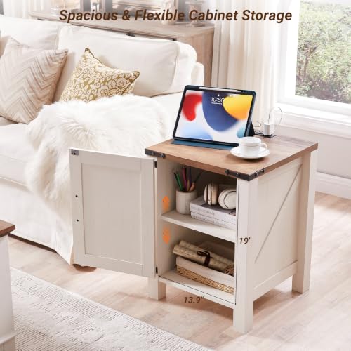 OKD 18" Farmhouse End Table Set of 2, Antique White | Rustic Nightstand, Charging Station, Barn Door, Adjustable Storage Shelf, Wood Sofa Side Table, Living Room, Bedroom - color: Antique White