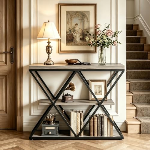 Garvee 3 Tier Console Table,39" Industrial Entryway Table,Open Wood Shelves | Sofa Table,Narrow Wood Accent Tables with Metal Frame for Hallway,Living Room,Behind Couch,Foyer,Entrance,Gray - color: Gray + X-shaped
