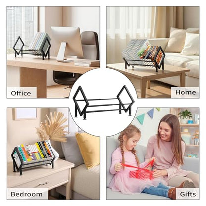 Expandable Desktop Bookshelf Organizer, Metal Office Tabletop Book Storage Rack, Large Tilting Bookcase for Books/CDs/Magazine Display, Desk Shelf for Top of Desk in Living Room, Home, Office (Black)