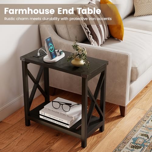 Hadulcet Farmhouse End Tables Living Room Set of 2 - Narrow Side Table with Charging Station, Slim Nightstand for Small Space, Skinny Bedside Table, Sofa Side Table with Storage Shelf, Black - color: Classic Black