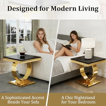 Asday Gold End Table, Modern Black Living Room Side Table with Gold Metal U-Base, Square End Table for Sofa Couch, Living Room, Bedroom, Office - color: Black, size: Set of 1