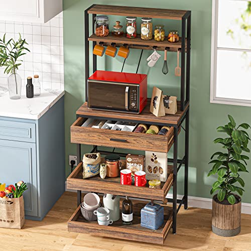 LITTLE TREE Kitchen Baker’s Rack with Power Outlets, Freestanding 5-Tier Microwave Stand with Drawers & Sliding Shelves, Coffee Bar with 6 Hooks for Dining Room Living Room, Rustic Brown - color: Rustic Brown