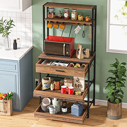 LITTLE TREE Kitchen Baker’s Rack with Power Outlets, Freestanding 5-Tier Microwave Stand with Drawers & Sliding Shelves, Coffee Bar with 6 Hooks for Dining Room Living Room, Rustic Brown - color: Rustic Brown