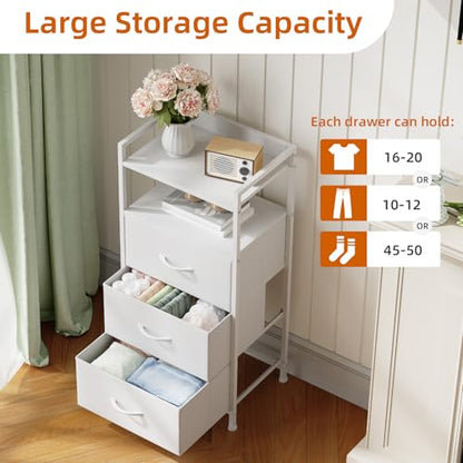 Somdot Nightstand with 3 Drawers, Dresser with Fabric Bins for Bedroom, Hallway, Entryway, Night Stand Bedside Table Furniture, Sturdy Steel Frame, Wooden Top, Easy Pull Fabric Bins, White Leather - color: White Leather, size: 11.4"D x 15.2"W x 30.6"H (3
