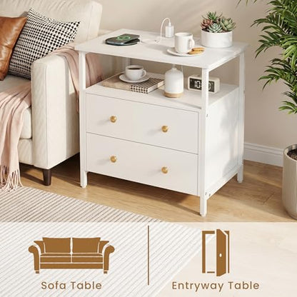 Edbuosy 27 inch Wide Night Stand with Charging Station, Bedside Table with Open Shelf, 2 Drawers Small Wood Dresser, Modern Wood Nightstand for Bedroom/Living Room, White - color: White, size: 27"W-2 Drawers