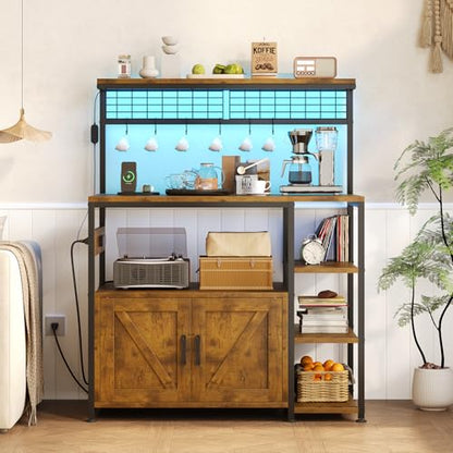 TVU Bakers Rack with Power Outlet and LED Light, Microwave Stand with Storage Cabinet, Coffee Bar Cabinet Station with 6 Hooks for Kitchen, Dining Room, Living Room, Coffee Bar, Rustic Brown, Black - color: Rustic Brown + Black
