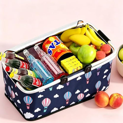 Upgrade Shopping Bag Picnic Basket 2 Layers of Internal Pockets Leak-Proof Insulated Cooler Bag Bag Collapsible Shopping Basket Folding Grocery Basket Bag for Picnic Travel(Black Balloon) - color: Black Balloon