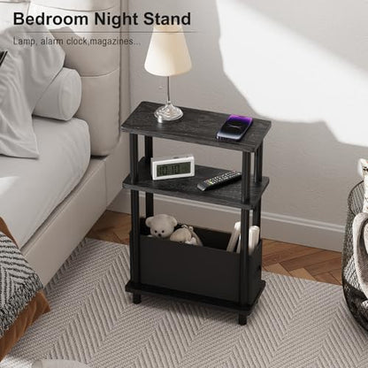 Apicizon Small Narrow Side Table, 3-Tier Skinny End Table withFabric Basket, Slim Nightstand Bedside Table for Small Spaces, Living Room, Bderoom, Black - color: Black, style: Narrow Side Table with Basket