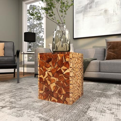 Deco 79 Teak Wood Handmade Side End Accent Table End Table with Mosaic Wood Chip Design, Side Table 14" x 14" x 18", Brown - color: Brown, size: 14" x 14" x 18.05"