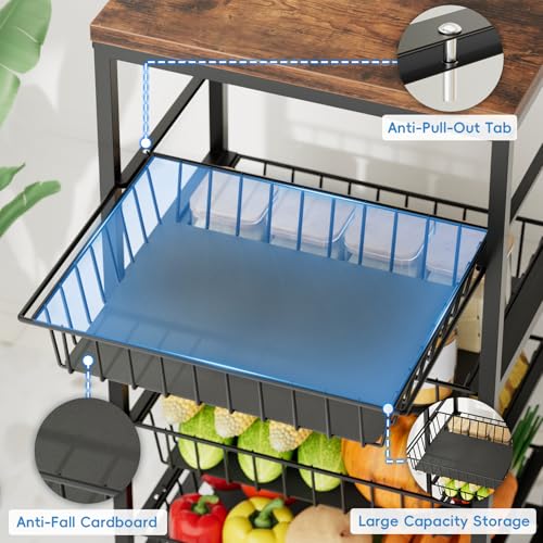 Fruit Vegetable Cart, 4-Tier Snack & Kitchen Cart on Wheels with Storage, Pull-Out Baskets & Wood Top, Rolling Organizer for Pantry, Living Room (Brown) - color: Brown