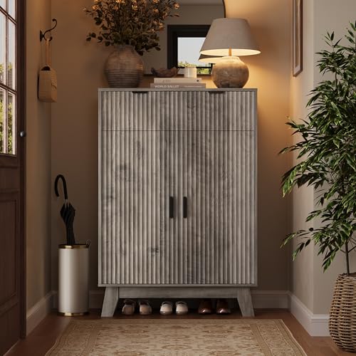 Fluted Shoe Cabinet, 4-Tier Mid Century Modern Narrow Shoe Storage Cabinet with Doors & 2 Drawers, Adjustable Shelves, Freestanding Hidden Shoe Rack Organizer & Wooden Legs for Entryway - color: Gok, style: 2 Doors & 2 Drawers
