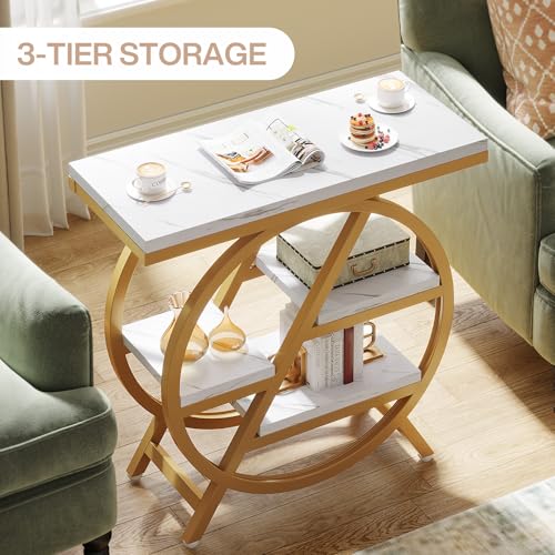 Tribesigns End Table for Living Room, 3-Tier Faux Marble Side Table with Storage, Wood Narrow Sofa Side Table with Geometric Metal Frame, Modern Nightstand and Bedside Table for Bedroom, Gold & White - color: White & Gold