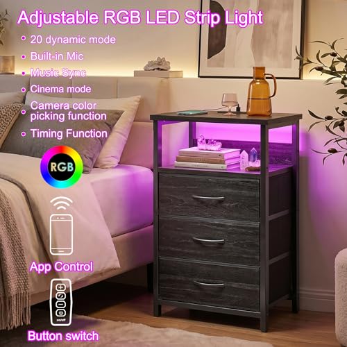 Fixwal Night Stand with Charging Station, LED Nightstand with Fabric Drawers, End Table with PU Finish, Bed Side Table, Black Oak - color: Black Oak, size: 27.6"H (3 drawers), style: Power+Light (1pc)