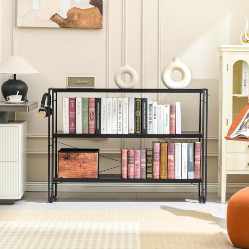 HCHQHS Bookshelf, 3-Tier Industrial Bookcase, Black Open Book Shelf, Freestanding Horizontal Bookshelves with Metal Frame - color: Black, size: 3-Tier (47"W x 33.5"H)