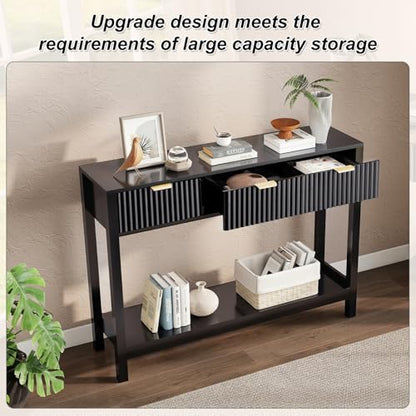 Nasonet Fluted Console Table, Wooden Sofa Table with Storage and Drawers, Farmhouse Behind Couch Table Entryway Table for Entrance, Hallway, Living Room, Black - color: Black, style: Modern