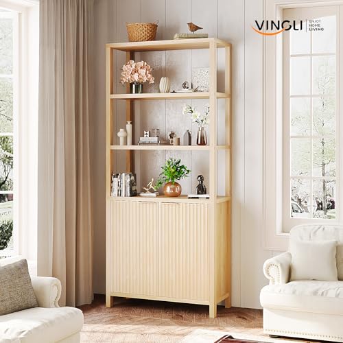 VINGLI Bookcase with Fluted Doors, 71" Wood Storage Cabinet with Adjustable Shelves, 6-Tier Display Cabinet Bookshelf for Study, Living Room, Home Office, Kitchen Pantry, Oak - color: Nature Oak