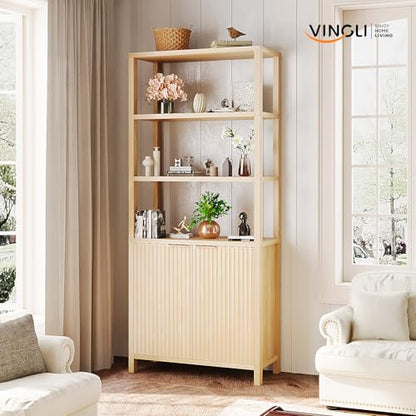 VINGLI Bookcase with Fluted Doors, 71" Wood Storage Cabinet with Adjustable Shelves, 6-Tier Display Cabinet Bookshelf for Study, Living Room, Home Office, Kitchen Pantry, Oak - color: Nature Oak