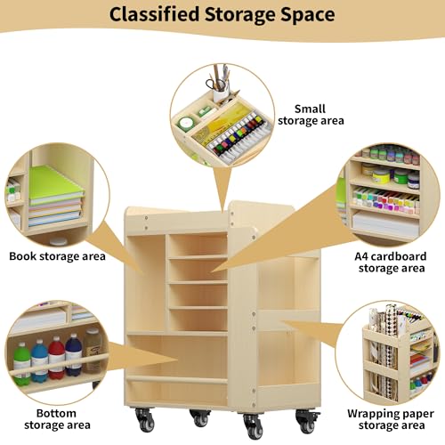 Art Cart Rolling Wood, Arts and Crafts Supply Organizer, Multi-Functional Art Organizer Cabinet, Compact DIY Utility Cart with Bookshelf, Small Art Supply Storage for Classroom Office Bedroom