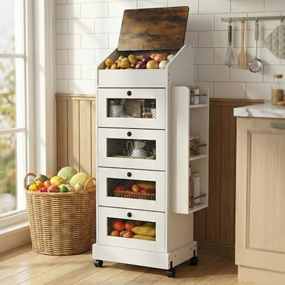 ARTETHYS Potato Storage Bin 5-Tier Rolling White Bread Box with Side Rack | Onion Keeper with Spice Rack on Wheels, Movable Fruit & Vegetable Container with 4 Ventilated Drawers for Kitchen - color: White