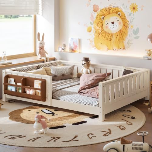 Bellemave Kids Full Bed Frame with Bookshelf & Safety Guardrails, Solid Wood Montessori Floor Bed with Low-Profile Design for Kids Girls Boys (Beige/Full) - color: Beige, size: Full