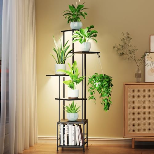 Homsorout Plant Stand Indoor with Grow Light - 6-Tier Metal Plant Shelf with Hanging Basket Hook, Corner Tall Flower Holder for Multiple Plants, Living Room Balcony Garden Patio, Black - color: 6-Tiered Black with grow light