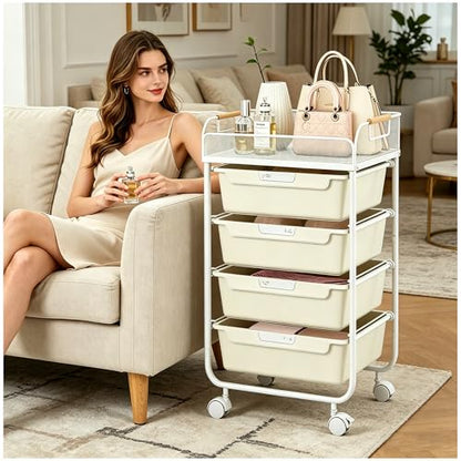 SYKIARIOL 4-Drawer Rolling Storage Cart with Mesh Top, Utility Craft Organizer Cart on Wheels with DIY Labels, Rolling Drawer Cart for Home Office Classroom Bedroom, White - color: White