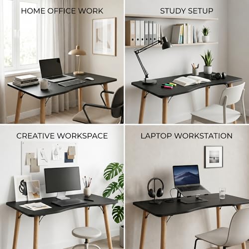 40” Black Computer Desk, 15° Arc Writing Table, Home Office & Gaming, Rounded Corner Enhance Stability with Leg Support