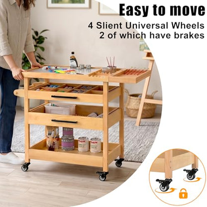 GDLF Art Storage Cart with 2 Drawers, Artist Taboret on Wheels with Tempered Glass Mixing Palette, Beech Wood Rolling Cart with Brush Holder, 2 Rinse Cups & Paper Towel/Towel Bar