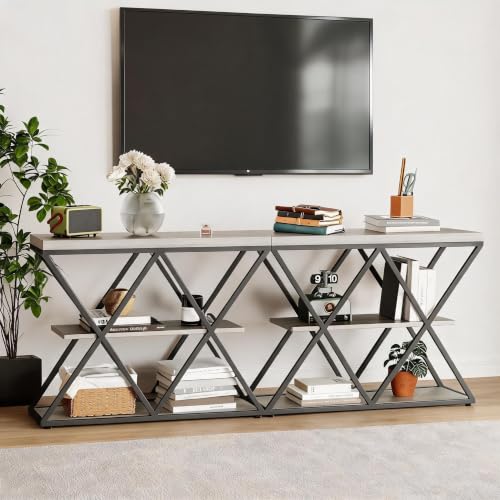 Garvee 3 Tier Console Table,39" Industrial Entryway Table,Open Wood Shelves | Sofa Table,Narrow Wood Accent Tables with Metal Frame for Hallway,Living Room,Behind Couch,Foyer,Entrance,Gray - color: Gray + X-shaped