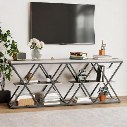 Garvee 3 Tier Console Table,39" Industrial Entryway Table,Open Wood Shelves | Sofa Table,Narrow Wood Accent Tables with Metal Frame for Hallway,Living Room,Behind Couch,Foyer,Entrance,Gray - color: Gray + X-shaped