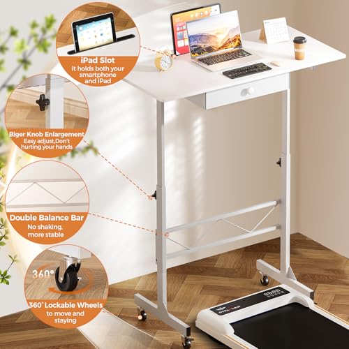 COMHOMA Small Standing Desk Adjustable Height Small Computer Desk Mobile Portable Rolling Laptop Table with Wheels 32" Computer Workstation Sit Stand Desks Portable Standing Table Treadmill desks - color: White