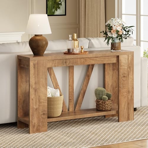 Console Table for Entryway, 47 Inches Narrow Sofa Table Behind The Couch, Farmhouse Wood Entry Table with Storage Shelves for Hallway Foyer Living Room, Rustic Wood Grain