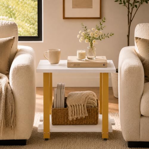 Transitional Narrow End Table, 2-Tier Rustic Side Table with Storage Shelves, Modern Farmhouse Industrial Nightstand for Living Room, Bedroom, Small Spaces, Couch, White/Gold - color: White+gold