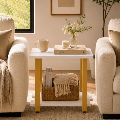 Transitional Narrow End Table, 2-Tier Rustic Side Table with Storage Shelves, Modern Farmhouse Industrial Nightstand for Living Room, Bedroom, Small Spaces, Couch, White/Gold - color: White+gold