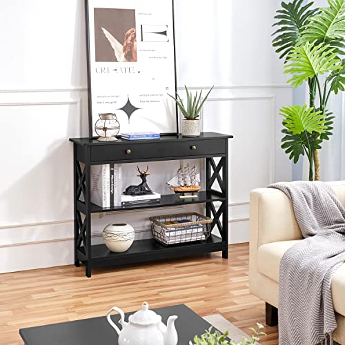 Yaheetech TV Stand, Entertainment Center with Drawer, 39.5" Media Console Table for TV with 2 Open Shelves for Bedroom, Living Room, Entryway, Black - color: Black