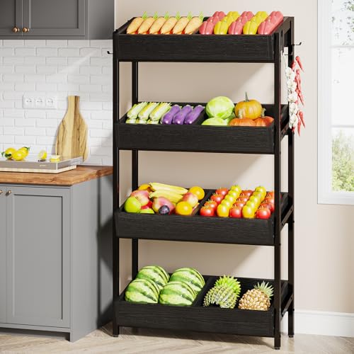 Tribesigns Wood Fruit and Vegetable Basket Stand Rack for Kitchen, Office, Store, Supremarket, Pantry Shelf Unit for Snacks, 4-Tier Wooden Utility Storage Shelves (Black) - color: Black