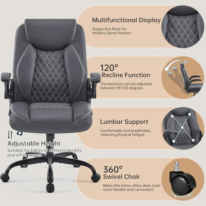 YFO Leather Office Chair, Ergonomic Home Office Desk Chair, Back Support Swivel Executive Office Chair with Wheels and Flip-Up Armrests, Small Gaming Chair with Adjustable Rocking Function, Grey - color: Grey