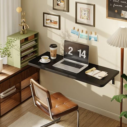 Dogsky 36" x 14" Floating Wall Desk, Fold Down Wall Table - 200 lbs Heavy Duty Solid Pine Wall Mount Folding Desk for Home Office, Laundry Room, Kitchen & Small Apartment, Black - color: Black, size: 36'' x 13.7'' x 6.3''