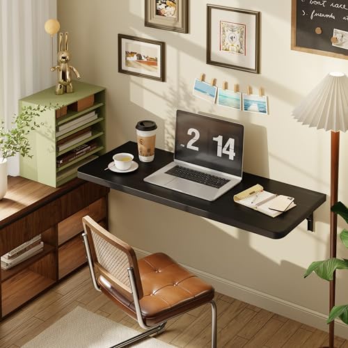 Dogsky 36" x 14" Floating Wall Desk, Fold Down Wall Table - 200 lbs Heavy Duty Solid Pine Wall Mount Folding Desk for Home Office, Laundry Room, Kitchen & Small Apartment, Black - color: Black, size: 36'' x 13.7'' x 6.3''
