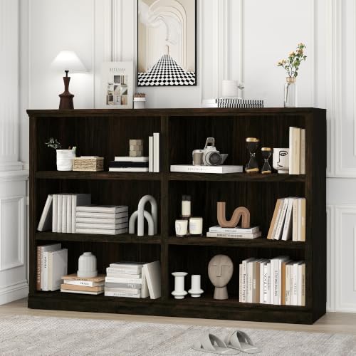 64" W Double Wide Open Shelf Bookcase, 3 Tiers 6 Storage Cube Book Shelf | Horizontal bookshelf, Display Cabinet Organizer Indoor Furniture, Home Library Office, Dark Cherry Adjustable Shelf - color: Dark Cherry, size: Double 3-Tier Bookcase