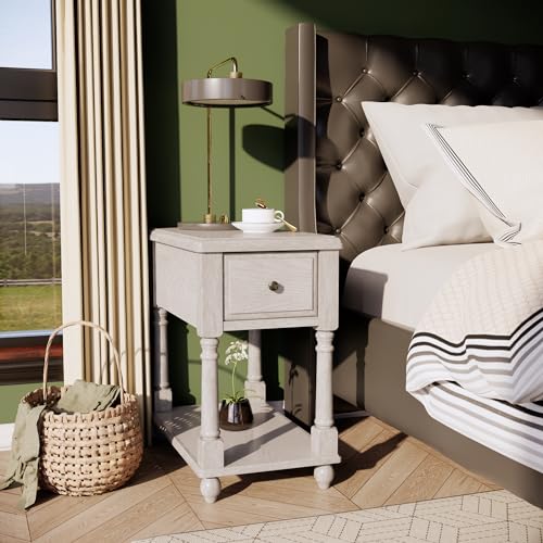 Solid Wood Narrow End Table with Drawer, Sofa Side Table with Storage Shelves, Slim Beside Table ,Telephone for Small Spaces, Living Room, Easy Assembly 22" x 13" x 22.7" AntiqueWhite BBJ004RW - color: Antique White