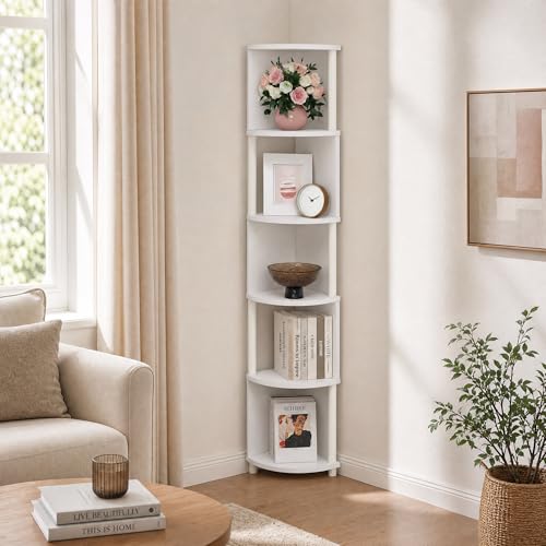 5-Tier Corner Bookshelf, Zigzag Storage Shelves, Book Shelf, Display Rack, Corner Shelf for Organization and Storage, Home Office, Living Room, White - color: White/White, size: 5 Tier