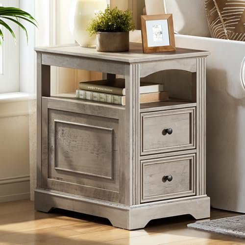 Farmhouse End Table with 2 Drawers, Narrow Sofa Side Table with Storage and Open Shelf, Wooden Nightstand for Small Spaces, Bedroom, Living Room, Greige - color: Greige
