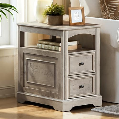 Farmhouse End Table with 2 Drawers, Narrow Sofa Side Table with Storage and Open Shelf, Wooden Nightstand for Small Spaces, Bedroom, Living Room, Greige - color: Greige