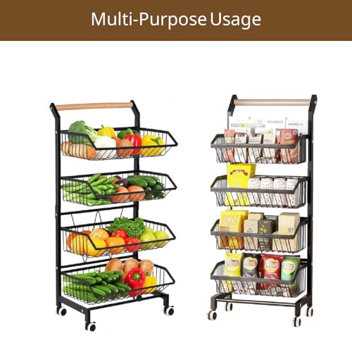 4-Tier Rolling Storage Cart with Wheels, Adjustable Metal Fruit & Vegetable Basket Organizer with Wood Handle, Mesh Wire Utility Rack for Kitchen, Pantry, Bathroom, Black