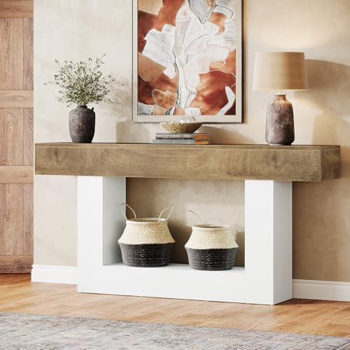 Tribesigns 63-Inch Long Console Table, 2-Tier Entryway Table Sofa Table with Storage, Farmhouse Wood Behind Couch Table for Living Room, Hallway, Light Brown & White - color: Light Brown & White