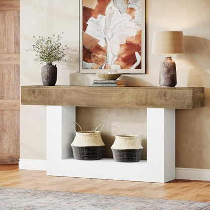 Tribesigns 63-Inch Long Console Table, 2-Tier Entryway Table Sofa Table with Storage, Farmhouse Wood Behind Couch Table for Living Room, Hallway, Light Brown & White - color: Light Brown & White