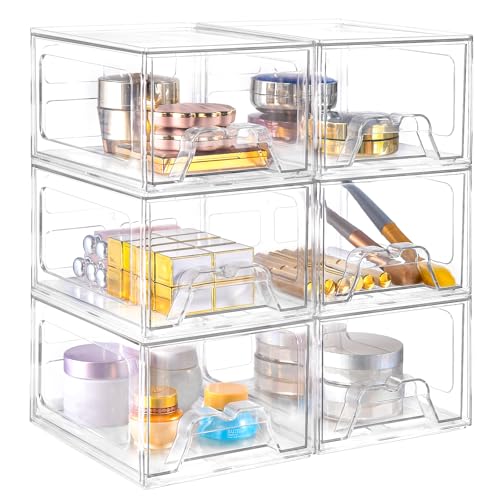 Stebopum 6 Pack Stackable Makeup Organizer, 4.4'' Tall Acrylic Bathroom Makeup Organizer and Storage Drawer with Pull-out Handle, Clear Plastic Storage Bins for Vanity,Pantry,Desk,Undersink,Kitchen - style: 6pack Small