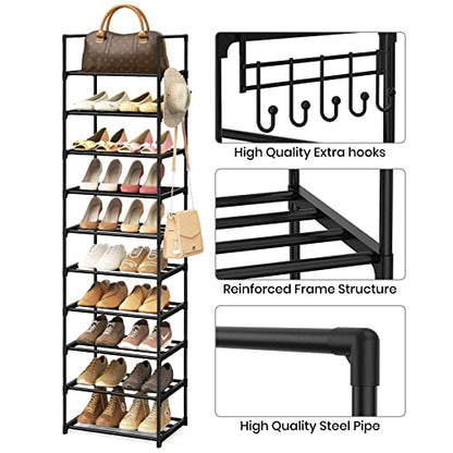 Narrow Shoe Rack 10 Tiers Tall Shoe Rack for Entryway Closet 20 24 Pairs Shoe & Boots Organizer Storage Shelf Durable Black Metal Stackable Shoe Cabinet with Hooks, 17.1D x 11.8W x 78.7H in - color: Black