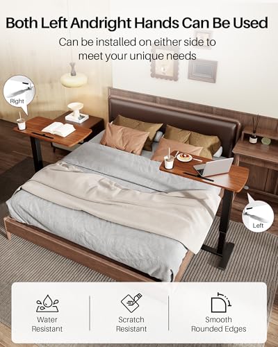 Foldable Overbed Table with Wheels, Pneumatic Adjustable Desk | 31.5 X 17.7 In Desktop with Cup Holders and Tablet Slot, Hidden Casters, 88 Lbs Capacity, Installs on Either Side of Bed - color: Brown